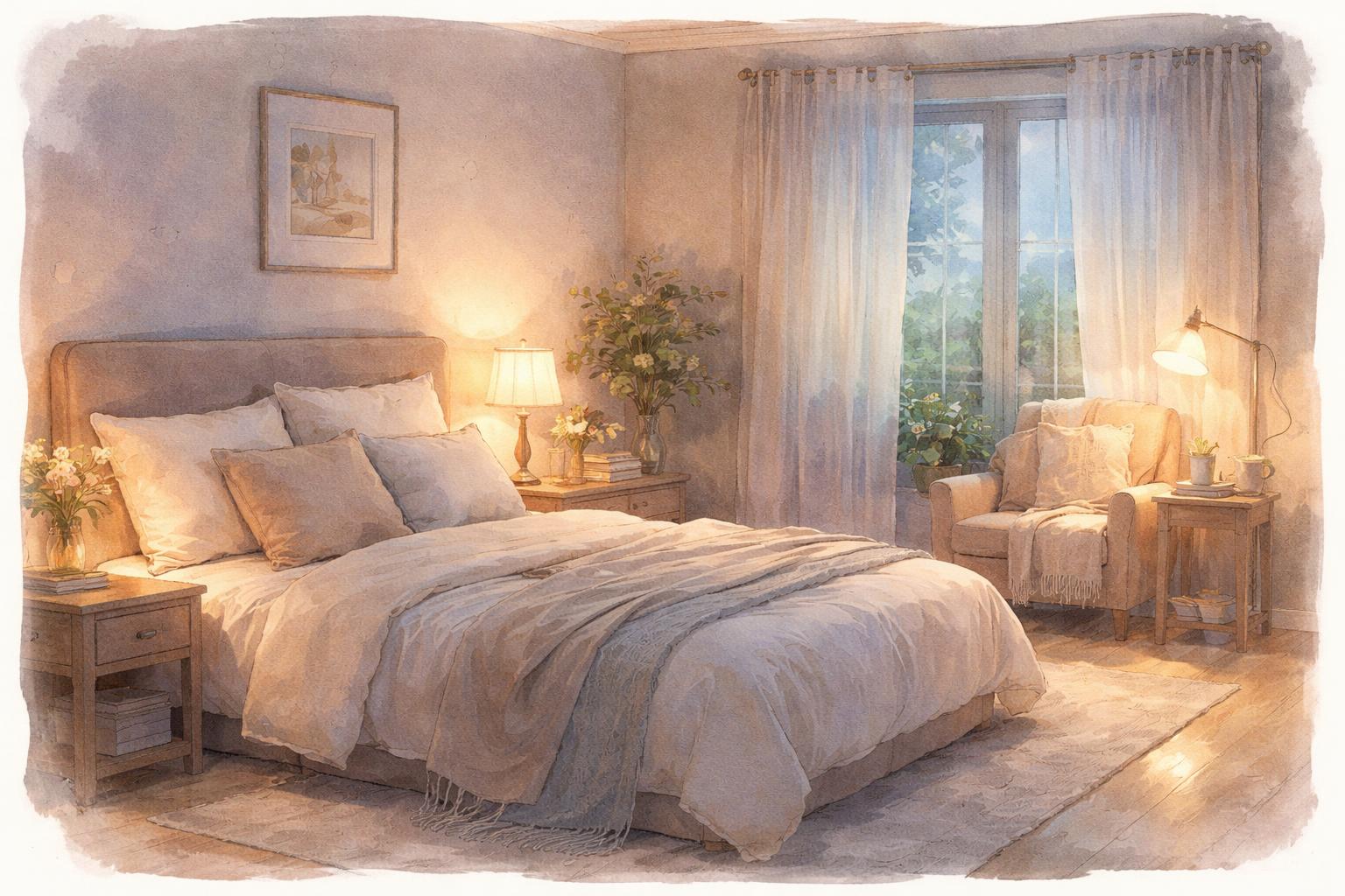 A cozy bedroom with a bed, bedside lamp, and a reading nook softly lit to create a calm and relaxing atmosphere.