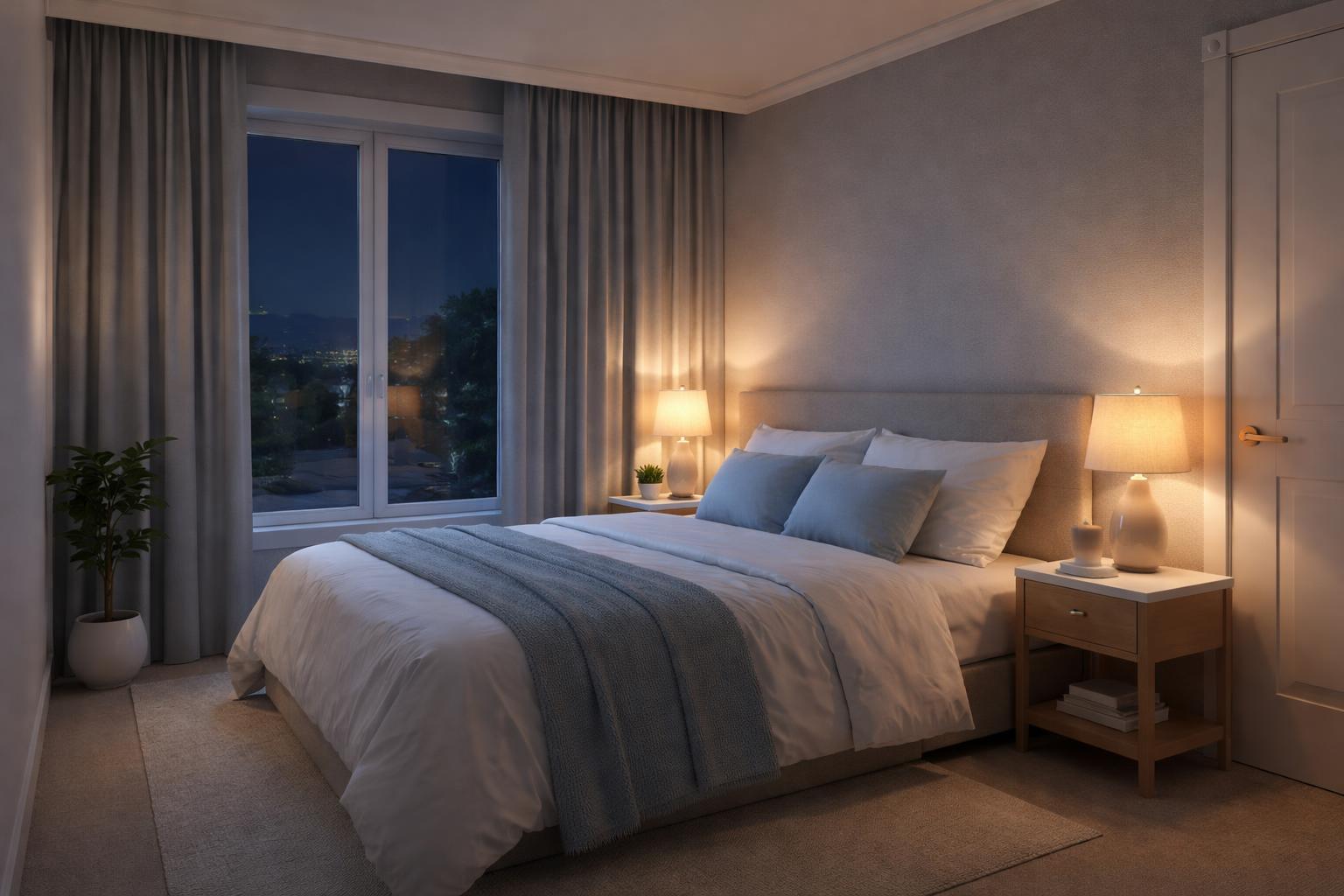 A peaceful bedroom with soundproof windows, soft lighting, a white noise machine, and a comfortable bed designed to promote restful sleep.