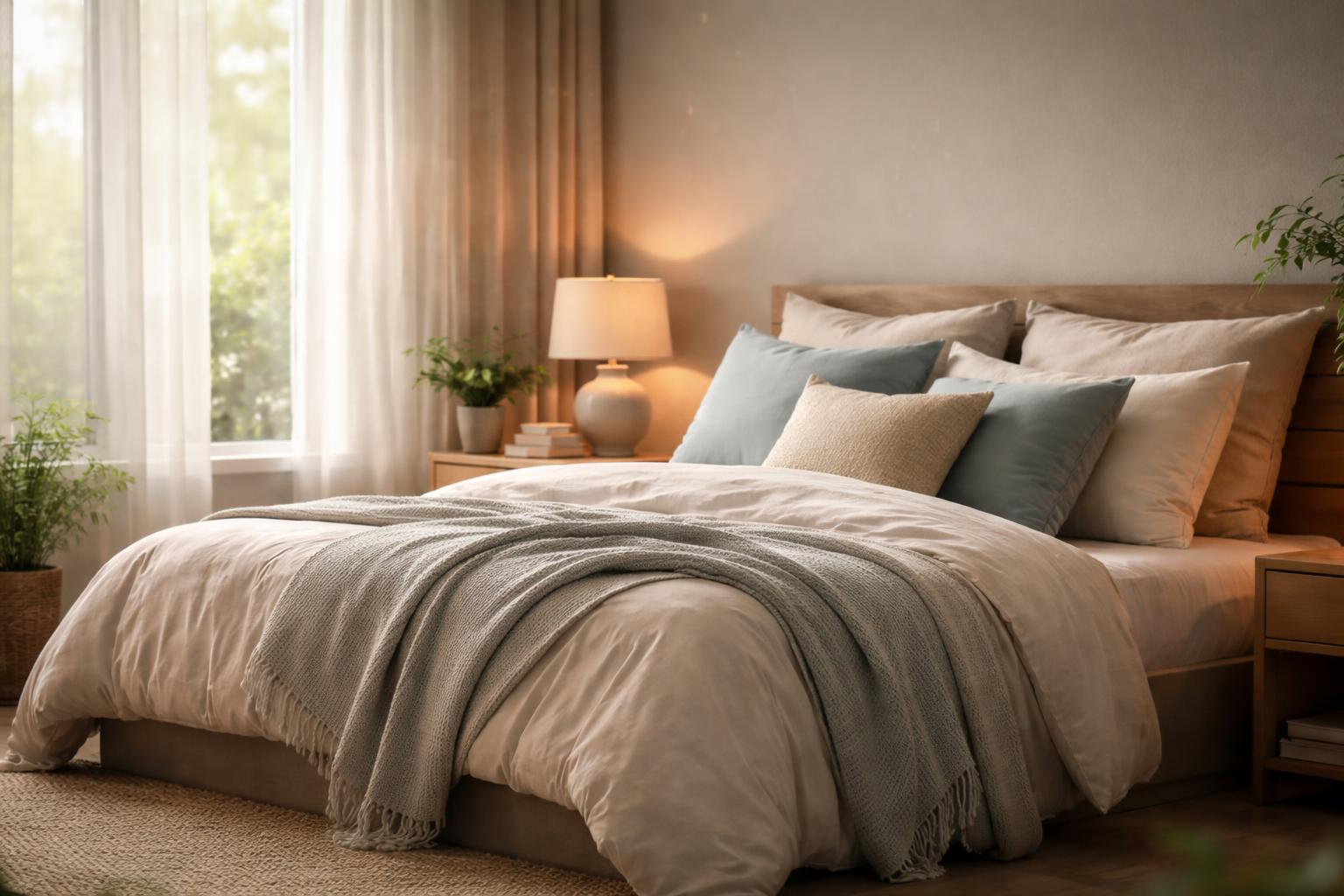 A bright, calm bedroom with a neatly made bed, soft linens, a wooden nightstand with a plant and lamp, and sunlight streaming through sheer curtains.