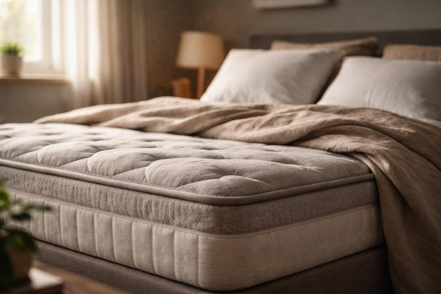 A neatly made bed with a thick mattress and supportive pillows in a softly lit bedroom with warm natural light.