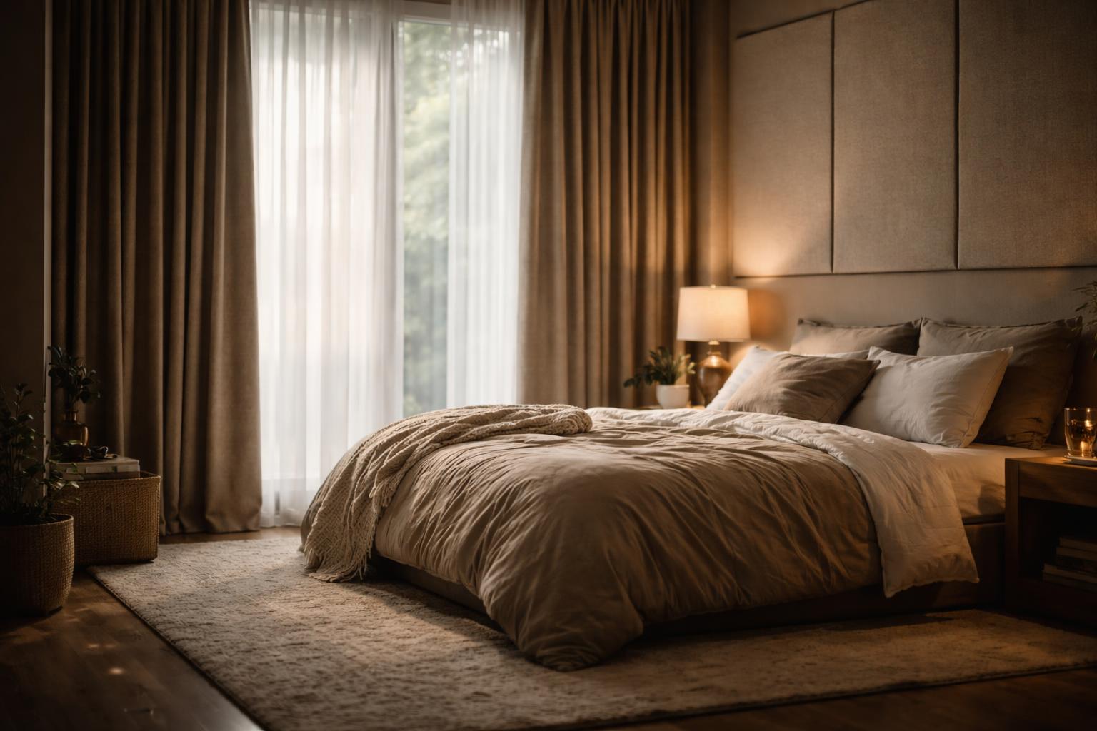 A cozy bedroom with thick curtains, textured rugs, and acoustic panels creating a quiet and restful atmosphere.