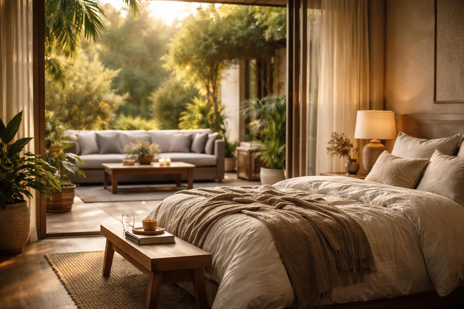 A spacious bedroom with large windows opening to a green outdoor patio, featuring comfortable furniture and natural light.