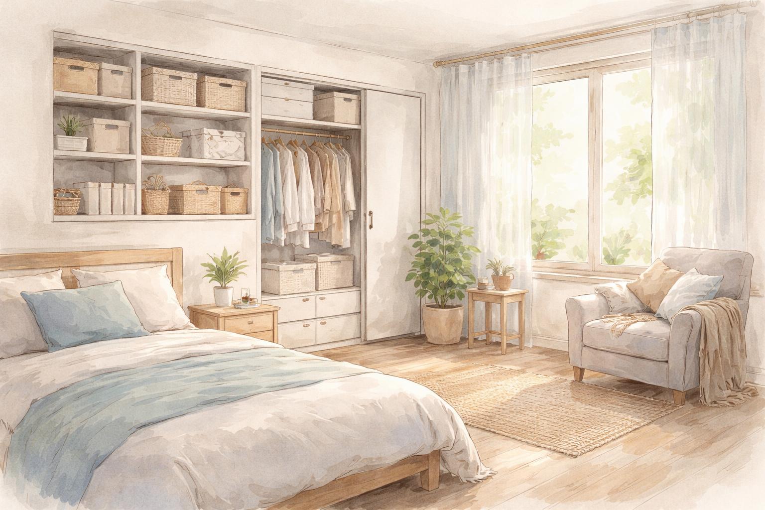 A tidy and peaceful bedroom with a made bed, organized shelves, and soft natural light coming through curtains.