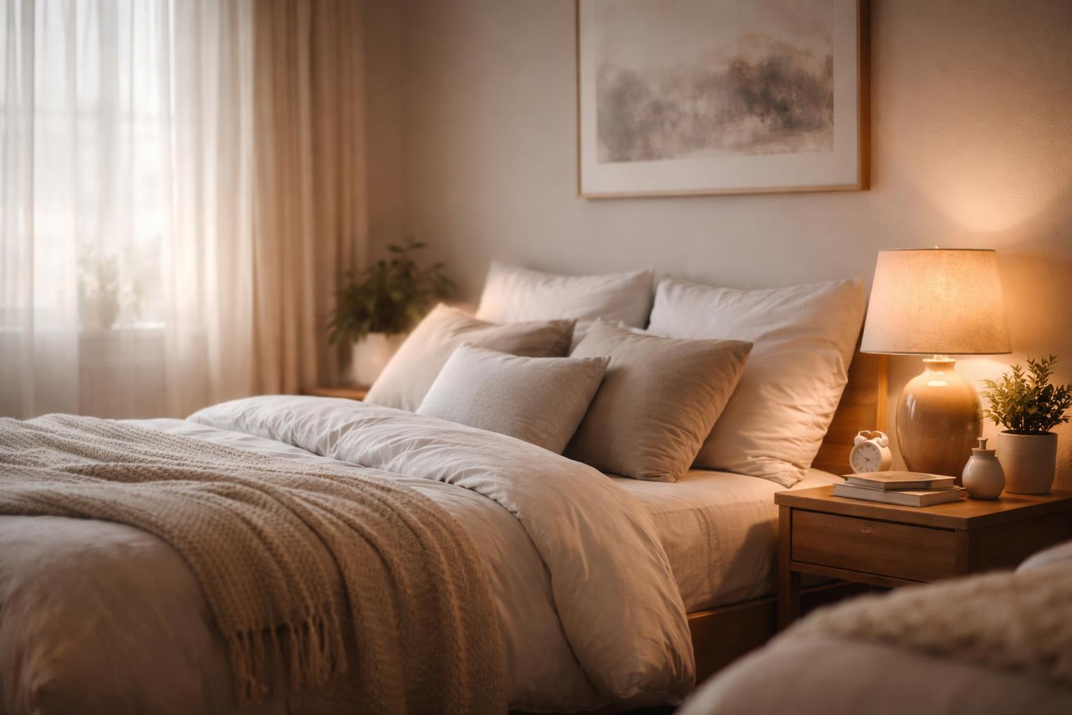 A cozy bedroom with a neatly made bed, soft pillows, a bedside table with a lamp and plant, natural light coming through sheer curtains, and calming decor.