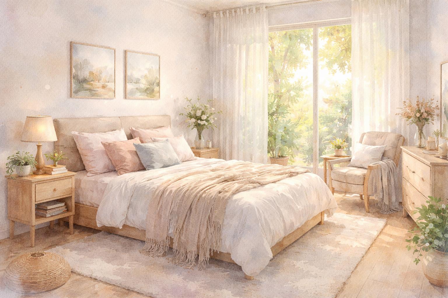 A peaceful bedroom with a made bed, soft pillows, a reading chair, plants, and natural light coming through curtains.