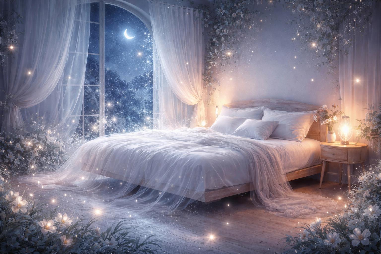 A peaceful bedroom softly lit by moonlight with a floating bed surrounded by glowing orbs, night flowers, and gentle mist, creating a calm and restful atmosphere.