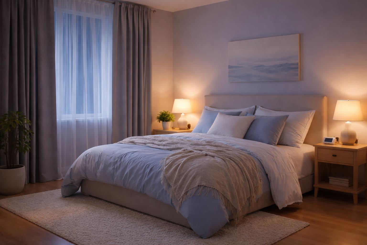 A calm and cozy bedroom with a comfortable bed, soft lighting, blackout curtains, a small plant, and natural wooden furniture designed to promote restful sleep.