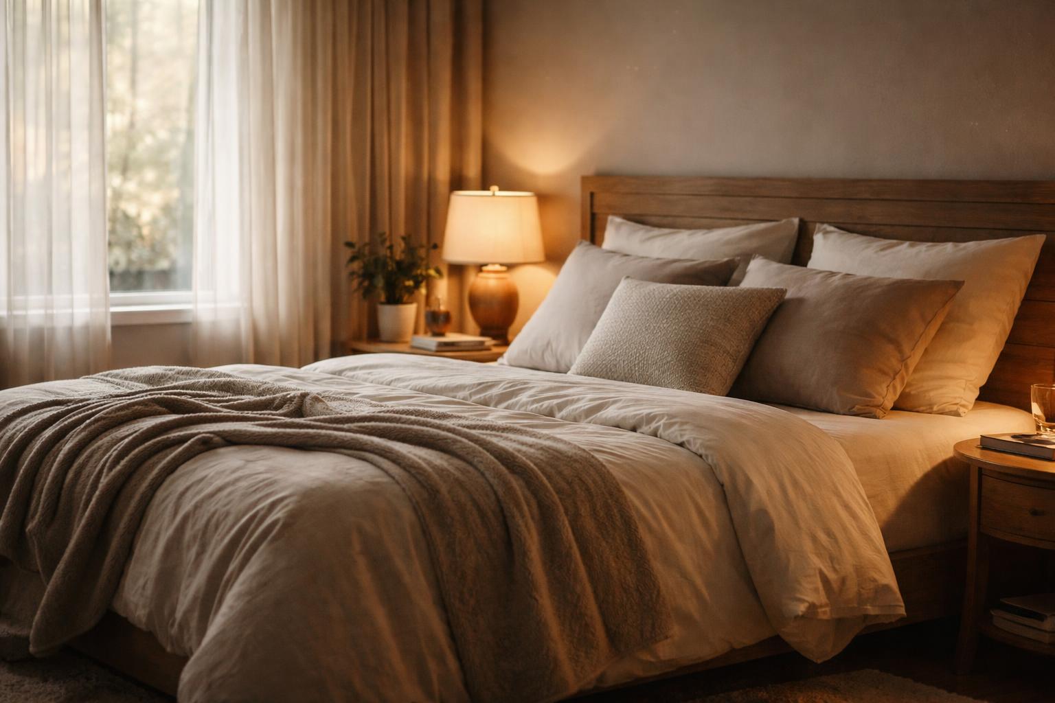 A cozy master bedroom with a neatly made bed, soft lighting, and calming decor designed to create a restful sleep environment.