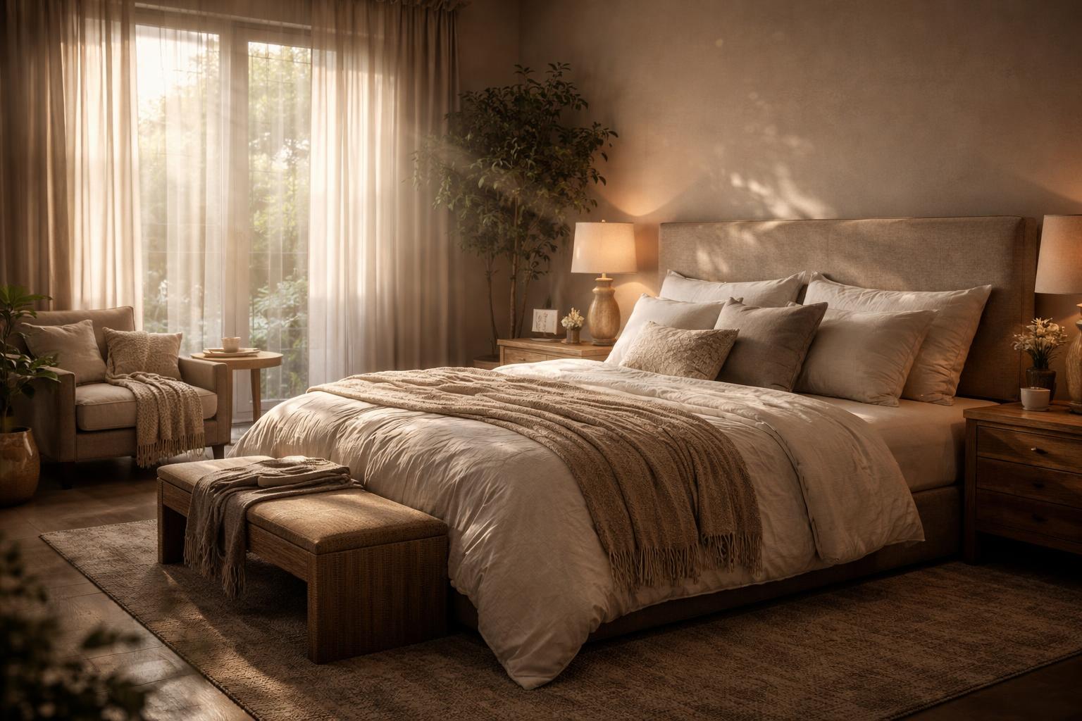 A spacious, calming bedroom with a large bed, soft linens, wooden furniture, and natural light streaming through sheer curtains.