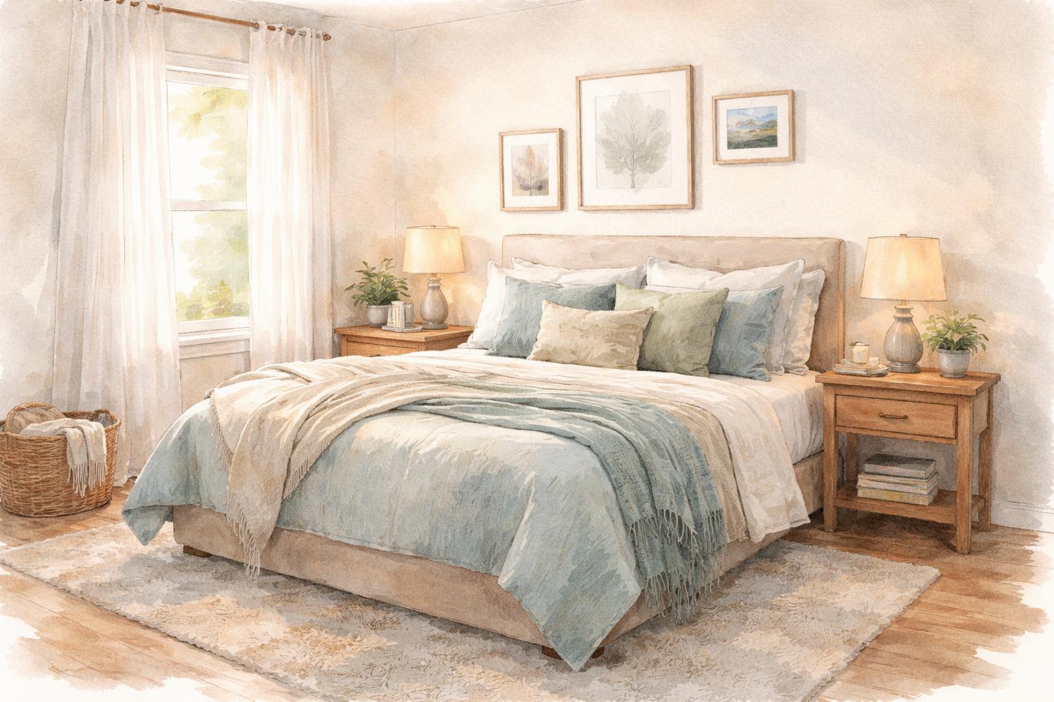 A cozy bedroom with a bed, pillows, a nightstand with a plant and lamp, soft natural light coming through a window, and personal decorations on the walls.