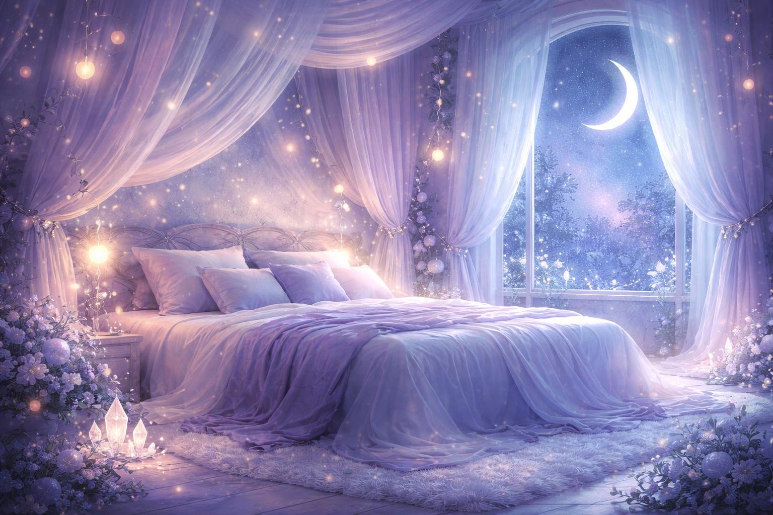A peaceful bedroom with a softly glowing bed surrounded by flowers, crystals, and a starlit sky visible through a large window.