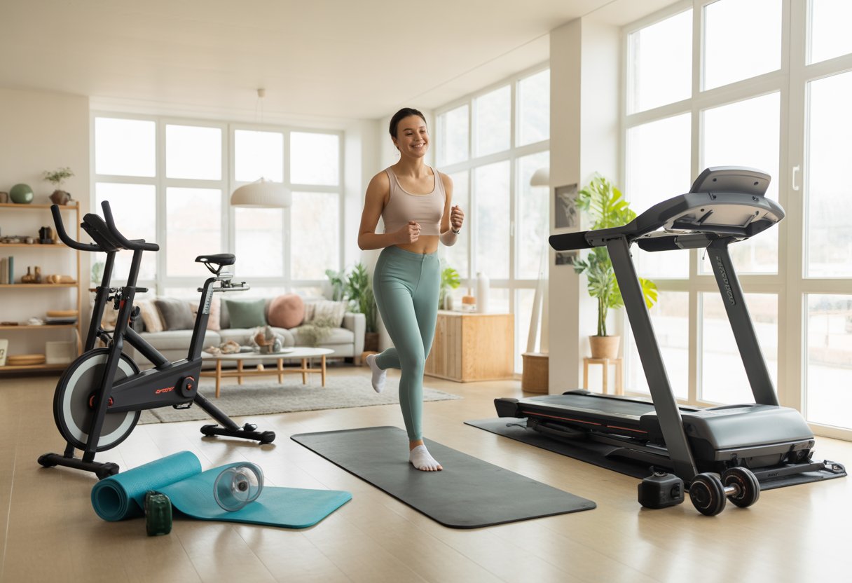 Person exercising in a bright home gym with various fitness equipment and natural light coming through large windows.