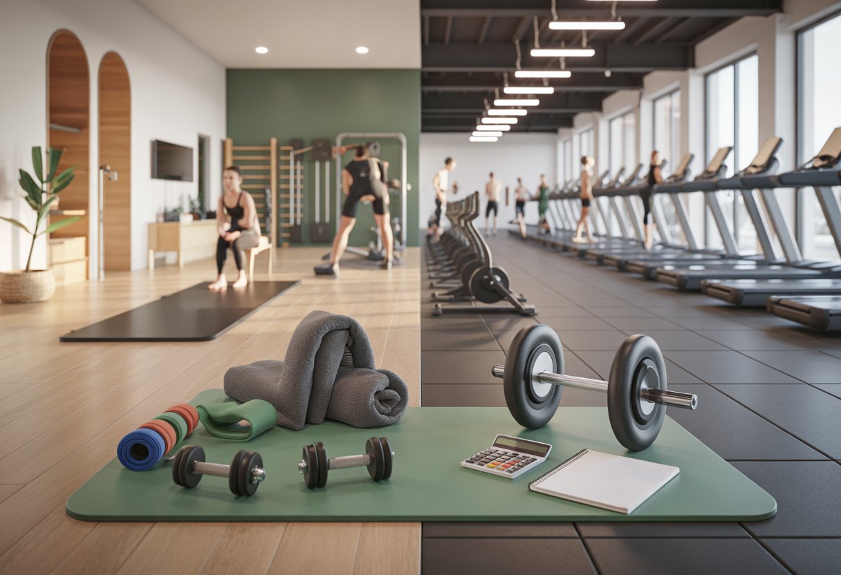 A side-by-side view of a bright home gym with fitness equipment and a busy commercial gym with multiple workout machines and people exercising.