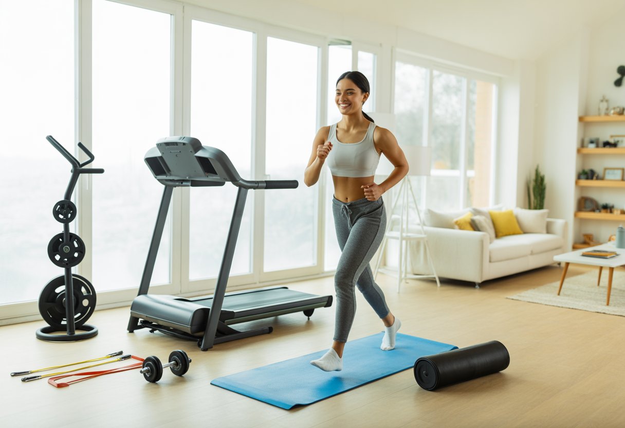 A person exercising in a bright home gym with fitness equipment and natural light coming through large windows.