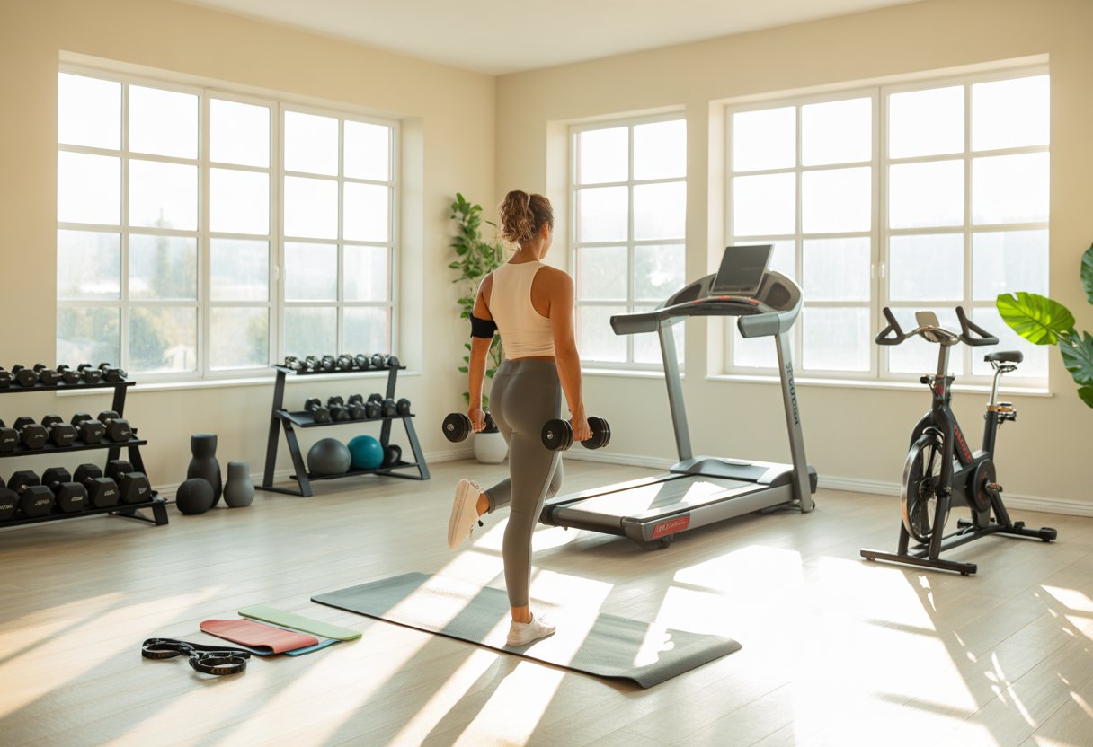 A person exercising in a bright home gym with various fitness equipment and natural light.