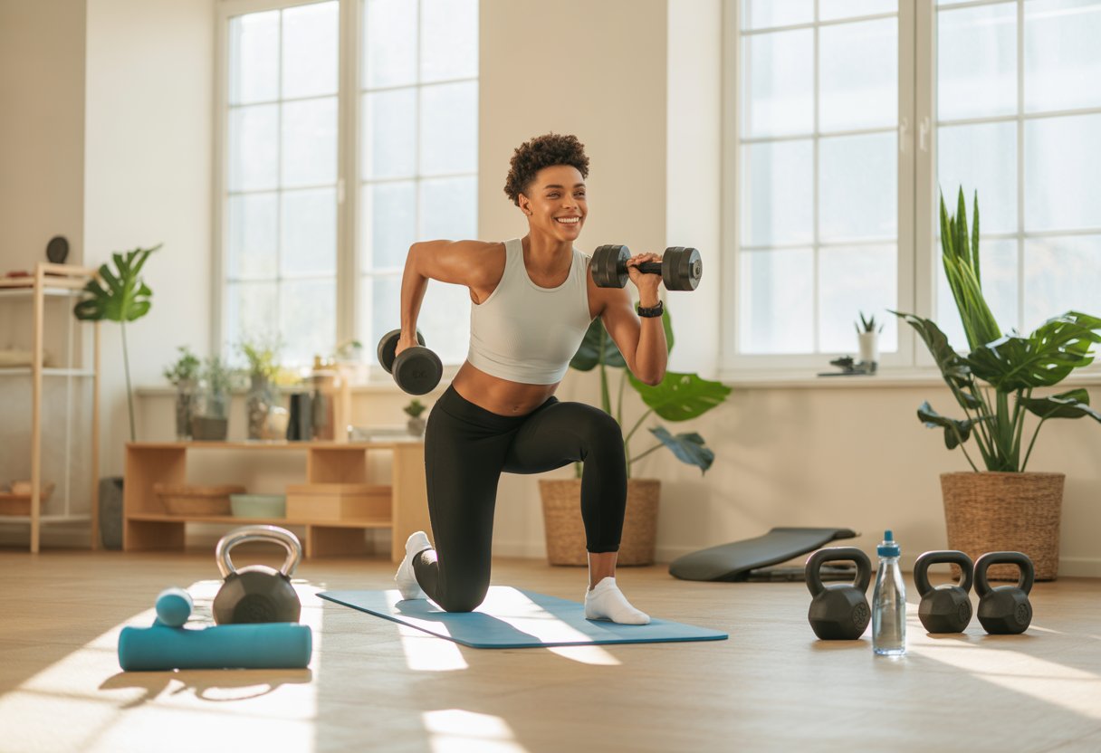 A person exercising in a bright, organized home gym with workout equipment and natural sunlight.