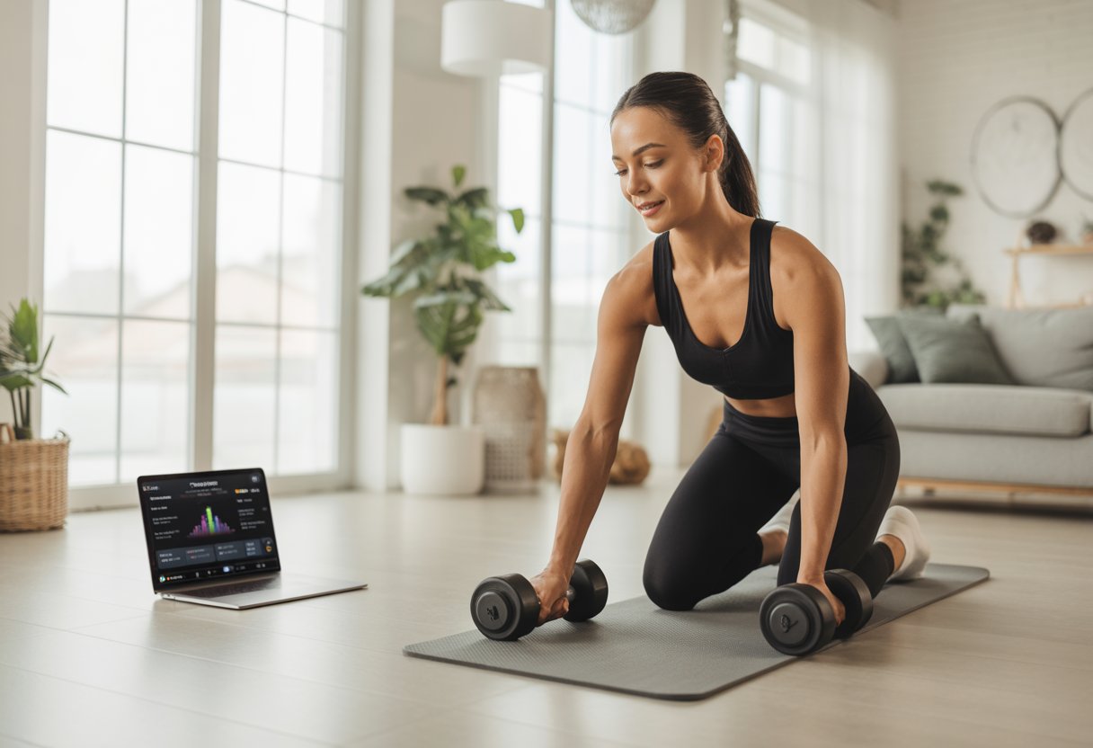 A woman exercising on a yoga mat in a bright living room with a laptop nearby.