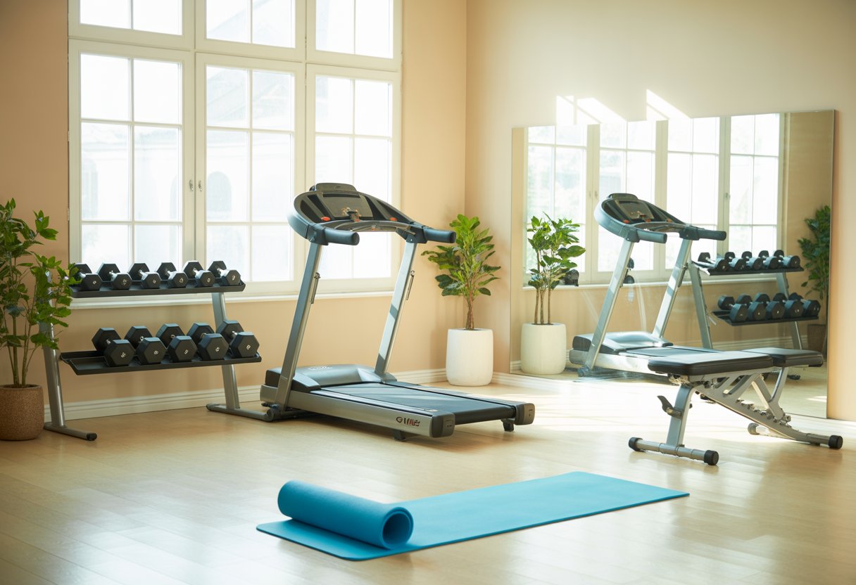 A clean and organized home gym with exercise equipment including a treadmill, dumbbells, yoga mat, and weight bench in a bright room with large windows and plants.