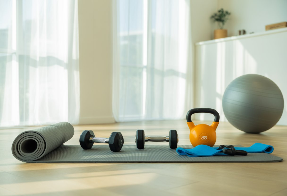 A home workout space with a yoga mat, dumbbells, kettlebell, resistance band, stability ball, and natural light coming through windows.