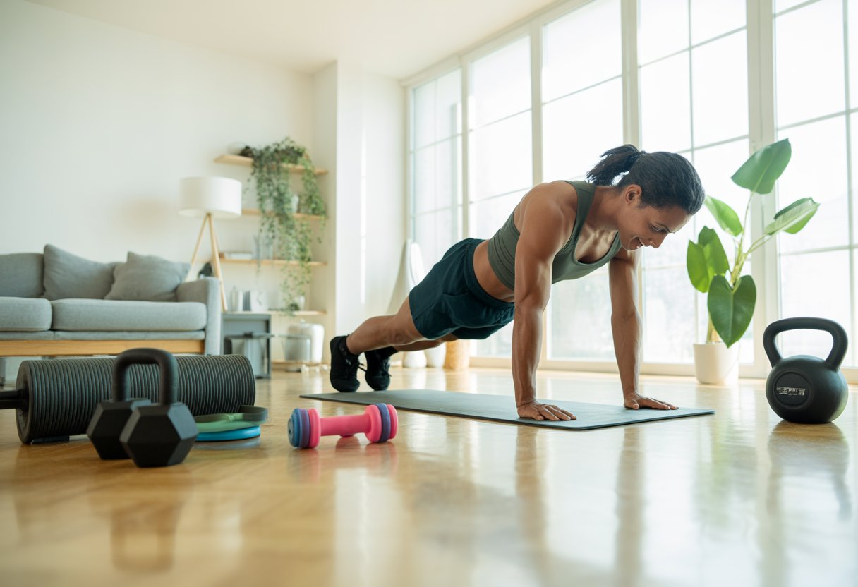 A person doing a plank exercise in a bright home gym with workout equipment and plants around.