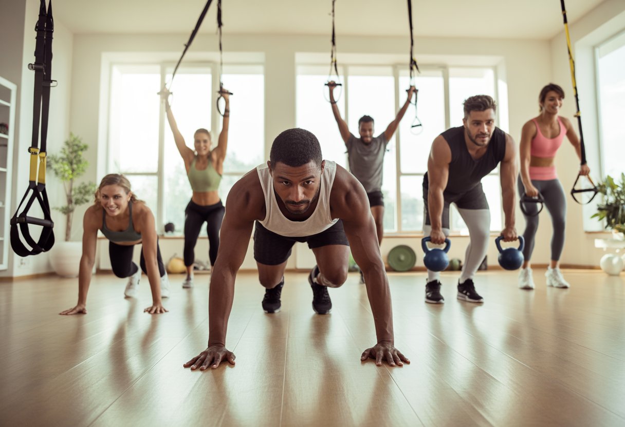 A group of people exercising with bodyweight and small equipment in a bright home gym.