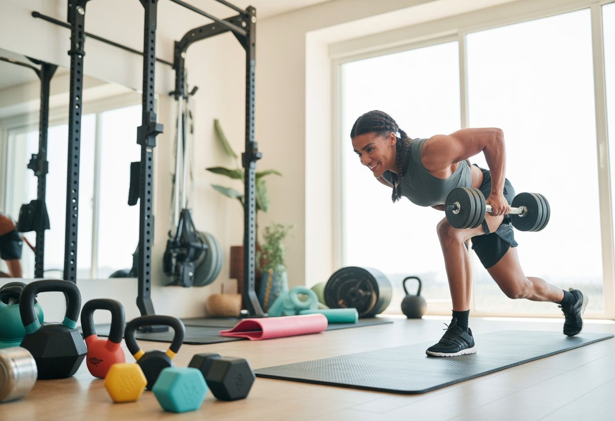 A person performing an advanced exercise in a bright home gym with various workout equipment and natural light.