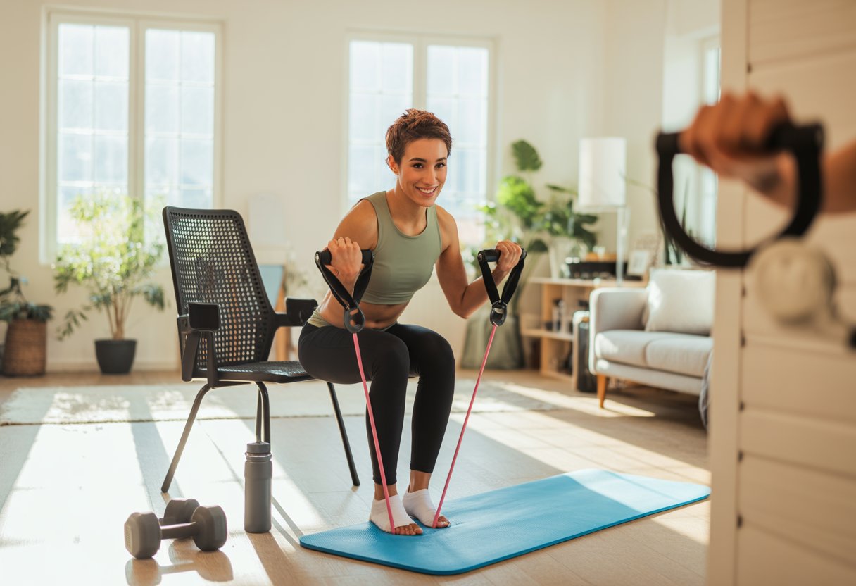 Person exercising with resistance bands attached to household items in a bright home workout area.