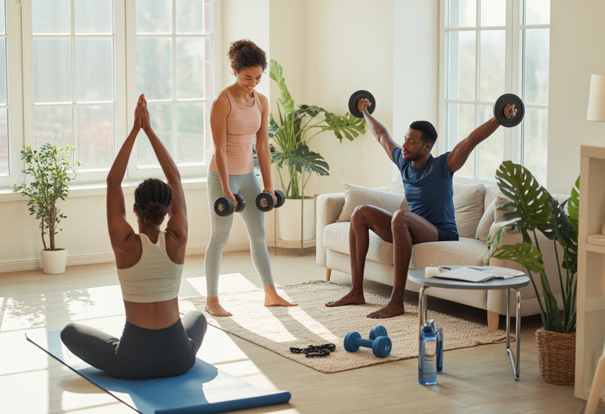 Three adults exercising and resting in a bright home gym with workout equipment and plants.