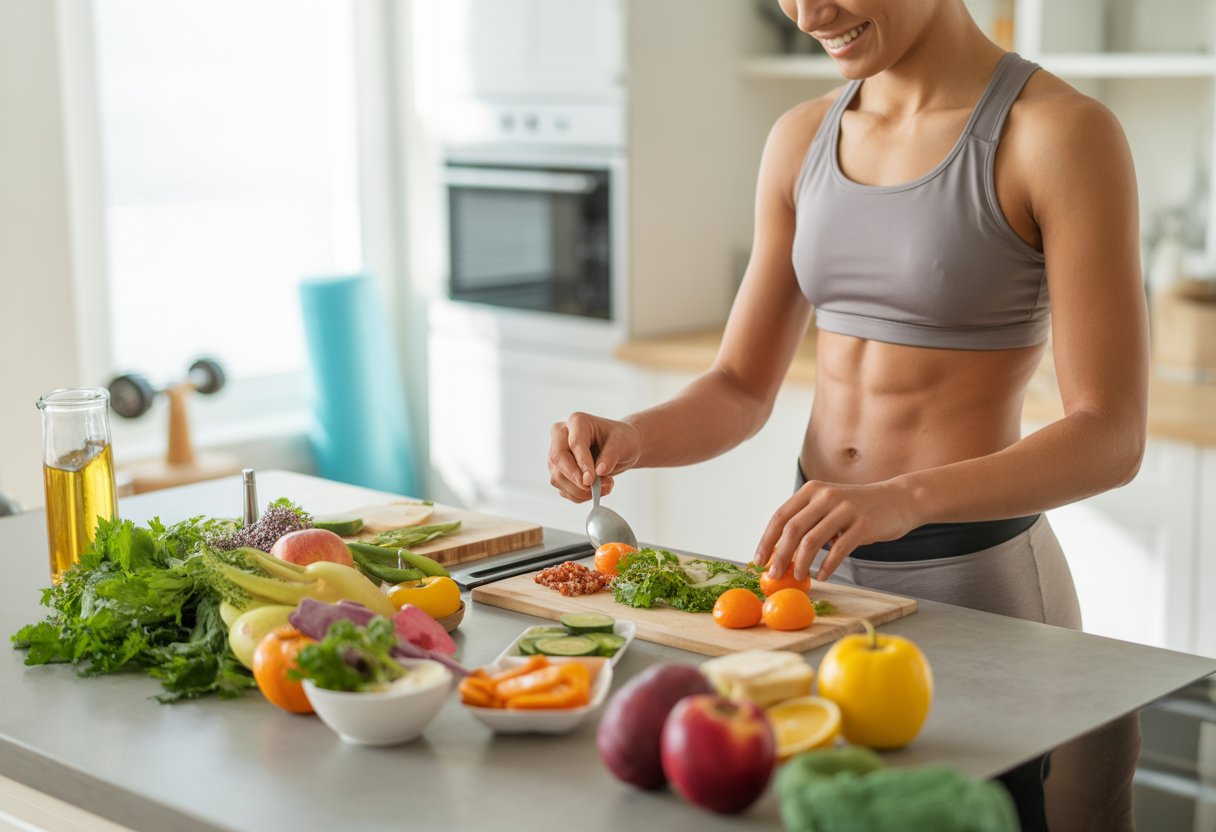 A person preparing a healthy meal in a bright home kitchen with fresh vegetables and fitness equipment visible in the background.