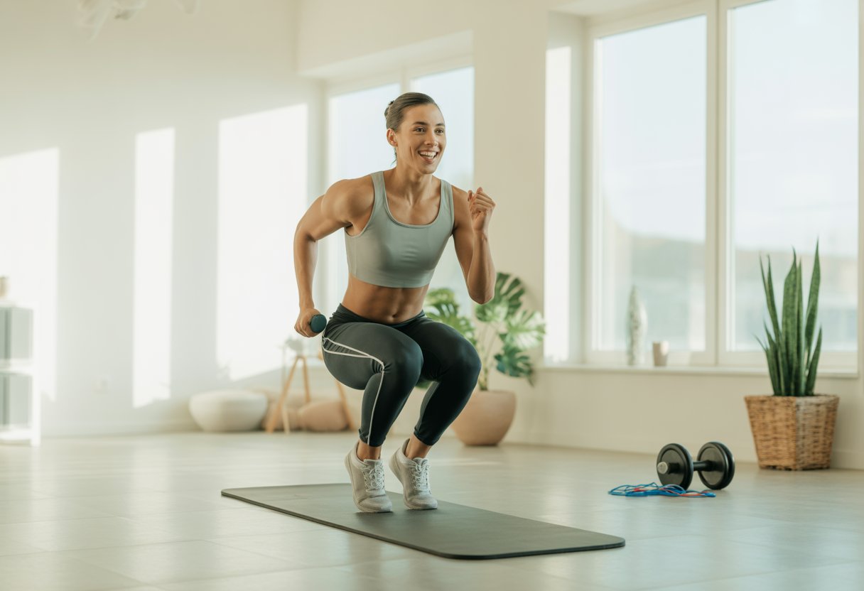 A person exercising energetically in a bright room with workout equipment and plants.