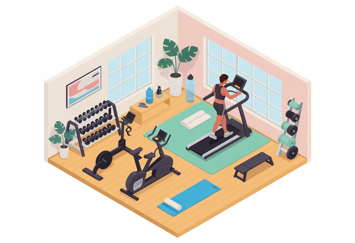 A bright home gym with a treadmill, stationary bike, dumbbells, yoga mat, and a person exercising on the treadmill.