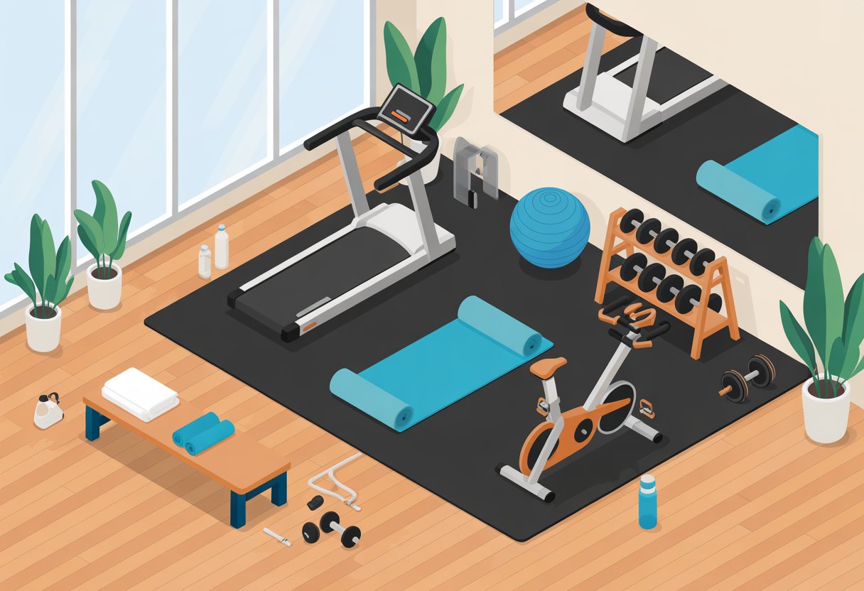 A home gym room with workout equipment including a treadmill, dumbbells, yoga mat, stationary bike, mirror, and plants.