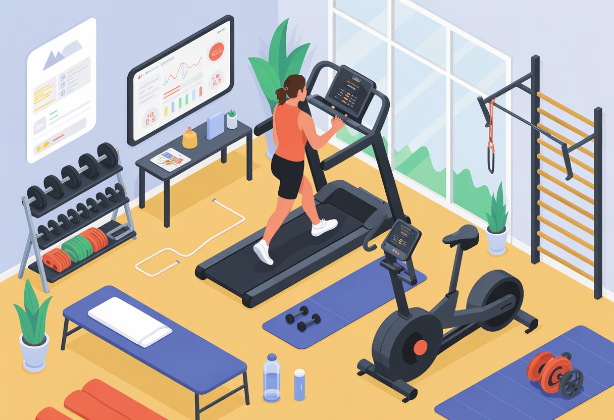 A bright home gym room with exercise equipment including a treadmill, dumbbells, yoga mat, and stationary bike, with a person working out on the treadmill.