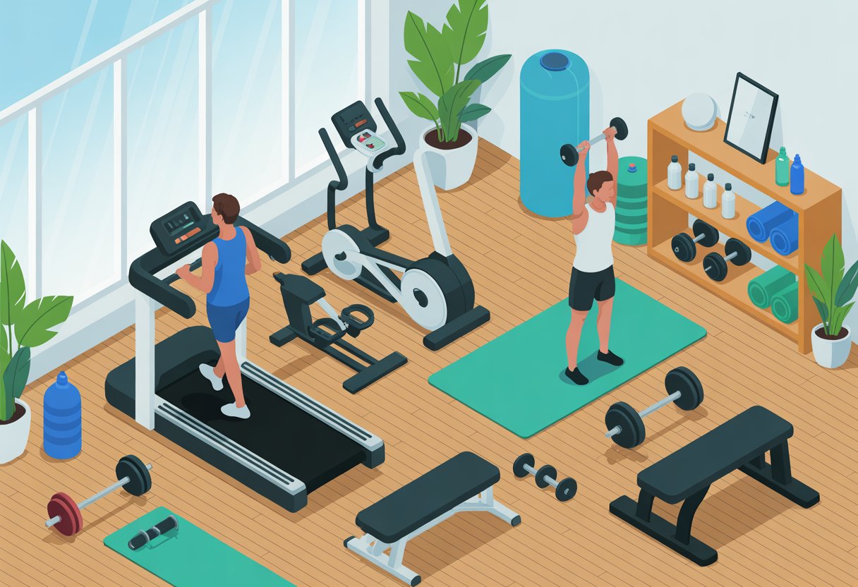 A bright home gym with exercise equipment like a treadmill, dumbbells, stationary bike, and yoga mats, with people working out in a spacious room.