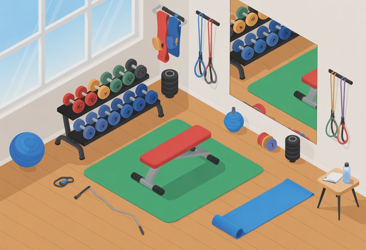 A bright home gym with dumbbells, resistance bands, a workout bench, and a yoga mat arranged neatly in a well-lit room.