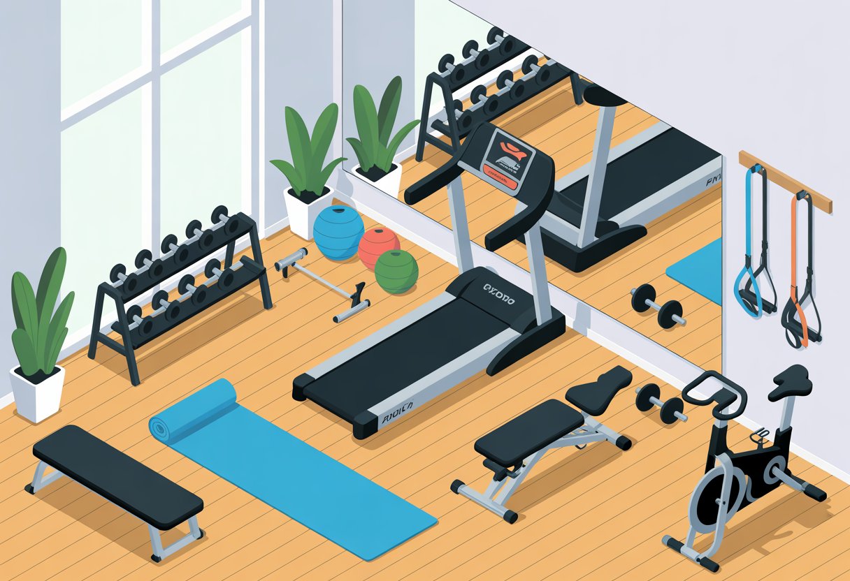 A bright home gym room with treadmill, dumbbells, weight bench, yoga mat, stationary bike, resistance bands, and plants arranged neatly.