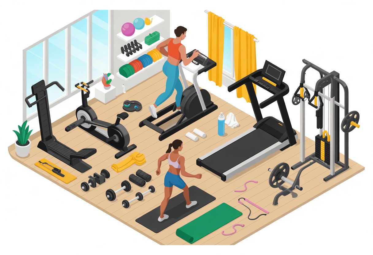 A home gym with various exercise equipment and a person working out, switching between different workout stations.