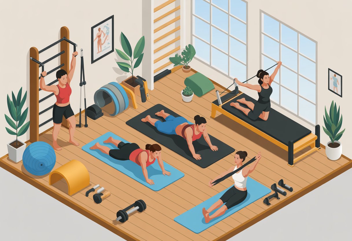 A home gym with two people exercising, one doing a plank and another stretching with a resistance band, surrounded by workout equipment and plants.