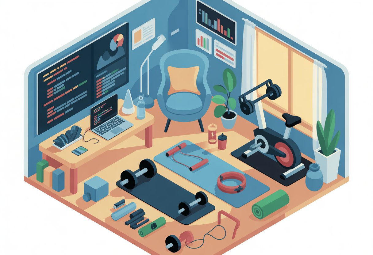 A home gym corner with workout equipment next to a desk featuring a laptop showing programming code.