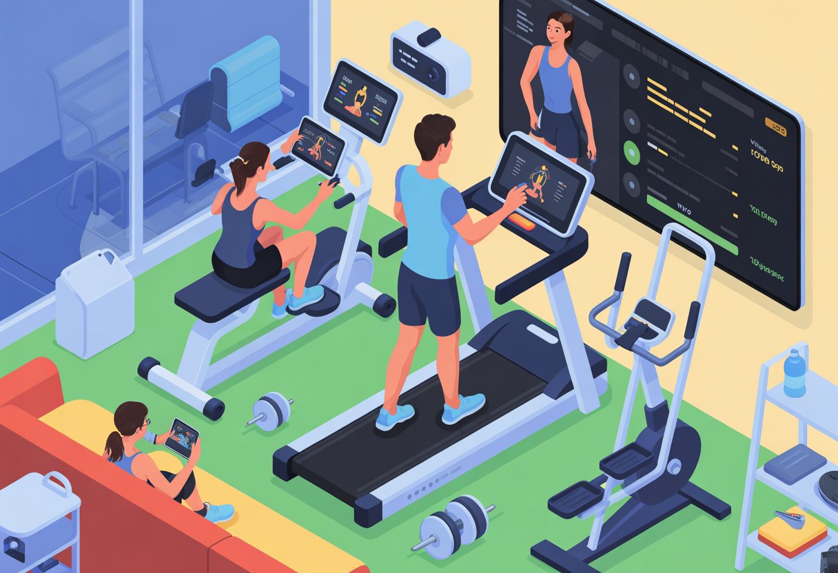 A person using smart fitness equipment in a home gym with digital screens and workout devices.