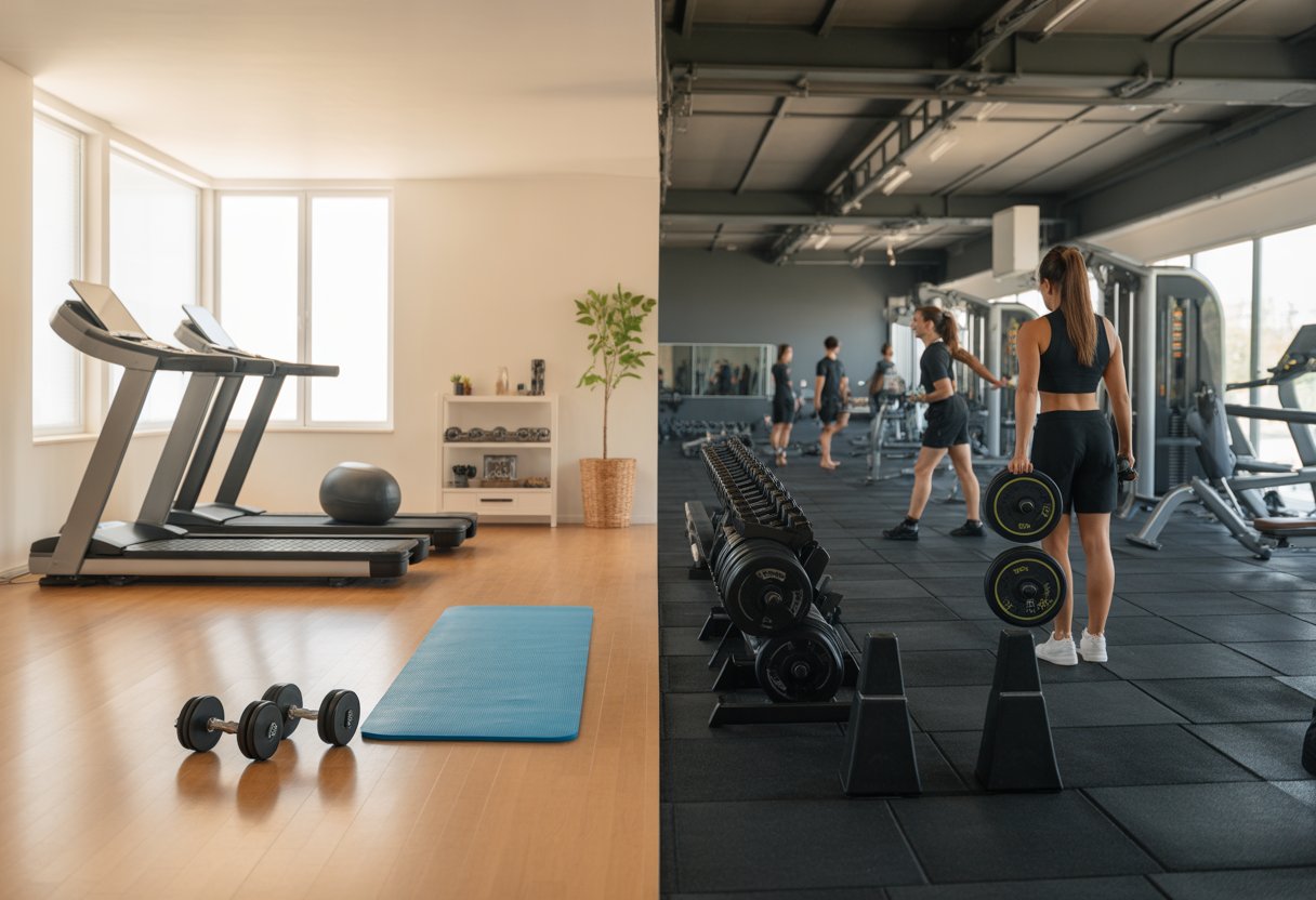 Split image showing a home gym setup on one side and a commercial gym with people exercising on the other side.