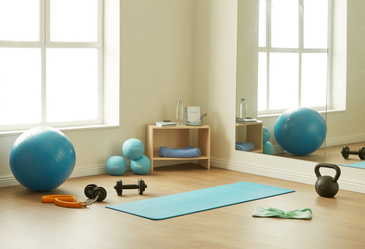 A bright home gym with beginner fitness equipment including dumbbells, yoga mat, resistance bands, and stability ball arranged neatly on a wooden floor.