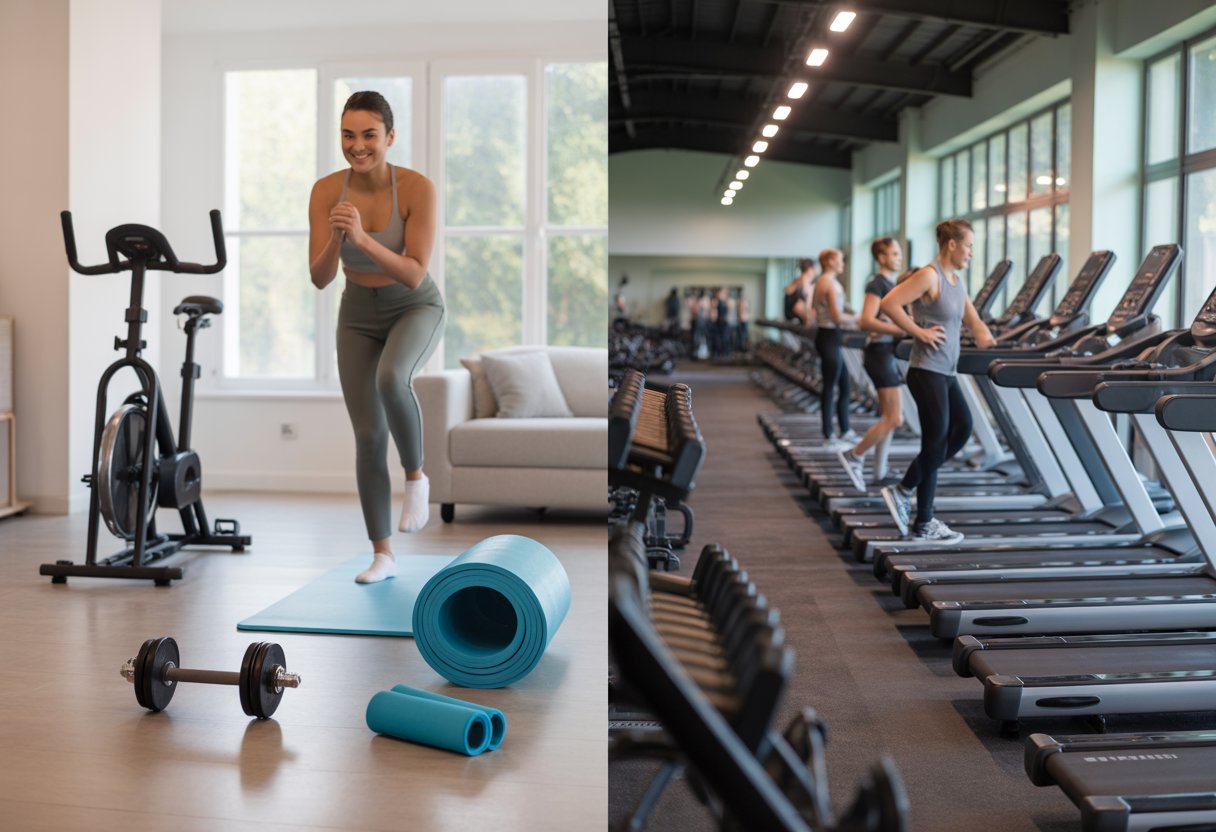 A person exercising in a bright home gym with fitness equipment, contrasted with people working out in a commercial gym.