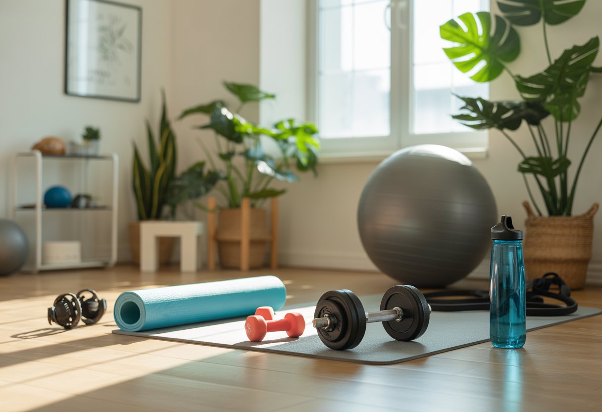 A clean home gym with beginner workout equipment including dumbbells, a yoga mat, resistance bands, and a stability ball near a sunlit window with plants.