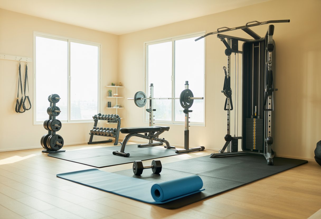 A compact home gym with dumbbells, a weight bench, resistance bands, and a yoga mat in a bright room with wooden floors and large windows.