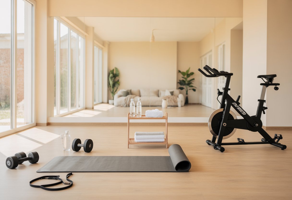 A well-lit home gym space with beginner workout equipment like dumbbells, yoga mat, resistance bands, and a stationary bike in a clean, organized room.