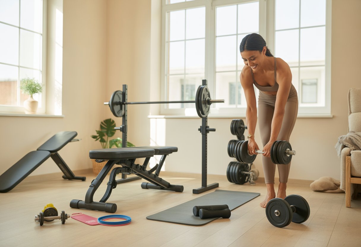 A person adjusting dumbbells in a small, well-lit home gym with compact exercise equipment and natural light.