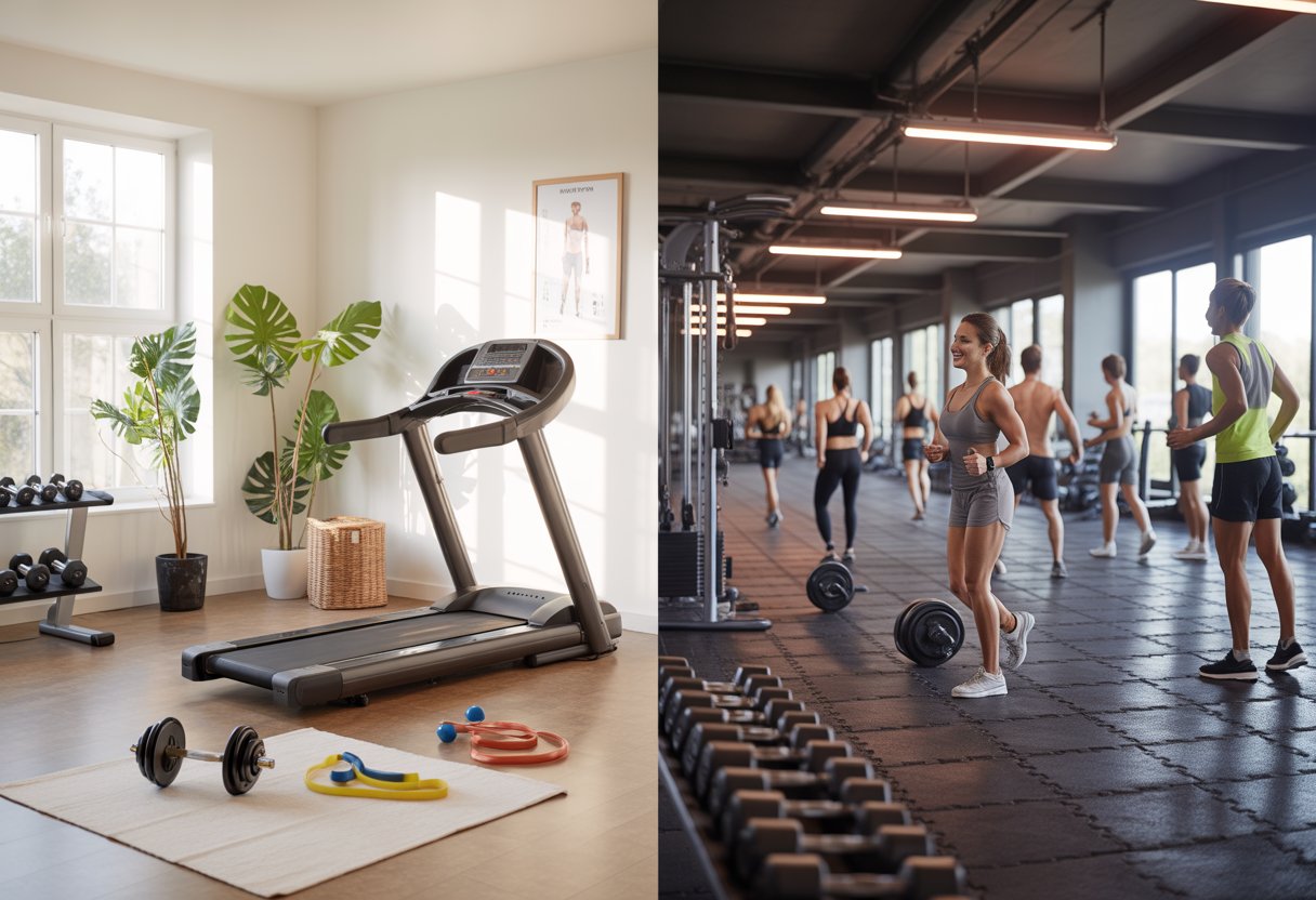 A split scene showing a home gym with equipment and a commercial gym with people exercising.