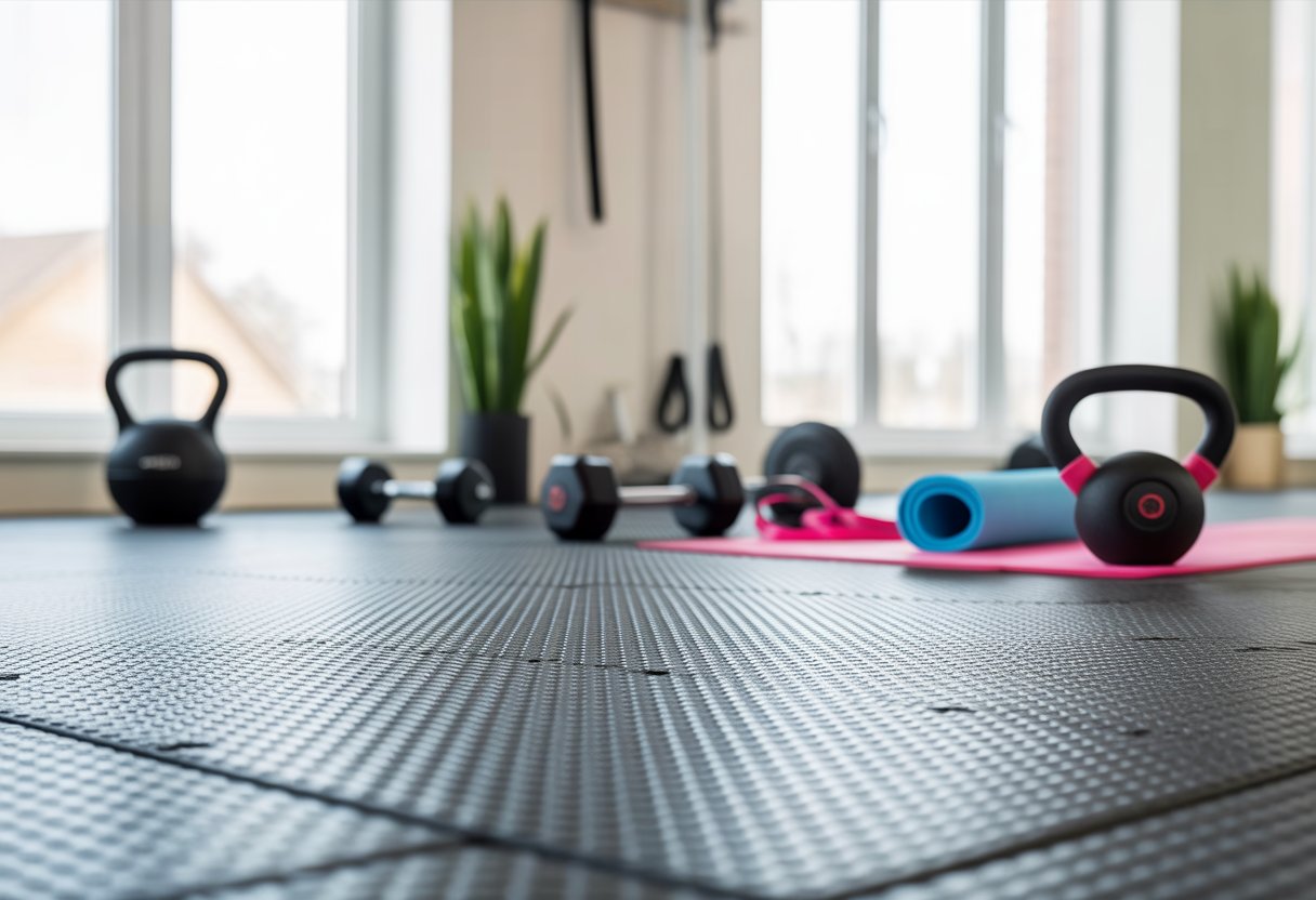 A home gym with protective rubber flooring, workout equipment like dumbbells and yoga mat, and natural light coming through windows.