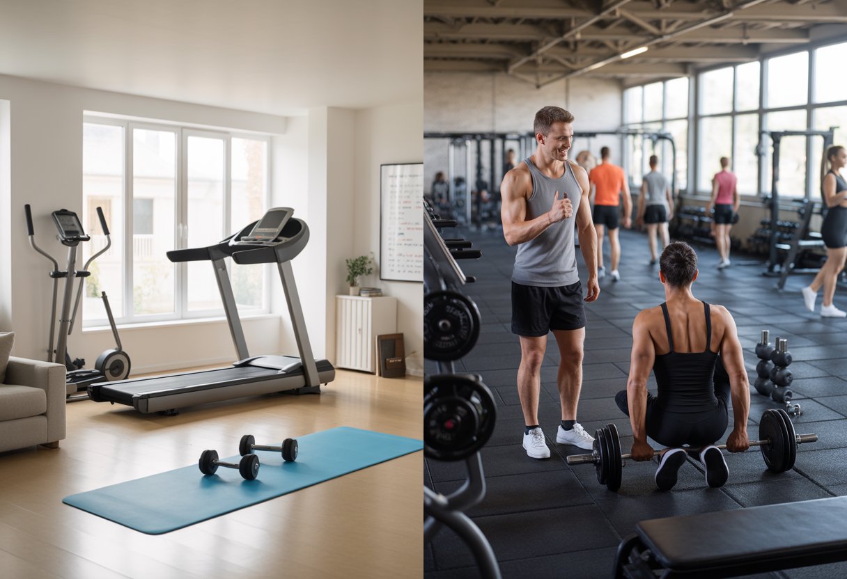 A split scene showing a modern home gym with exercise equipment on one side and a busy commercial gym with people working out on the other.